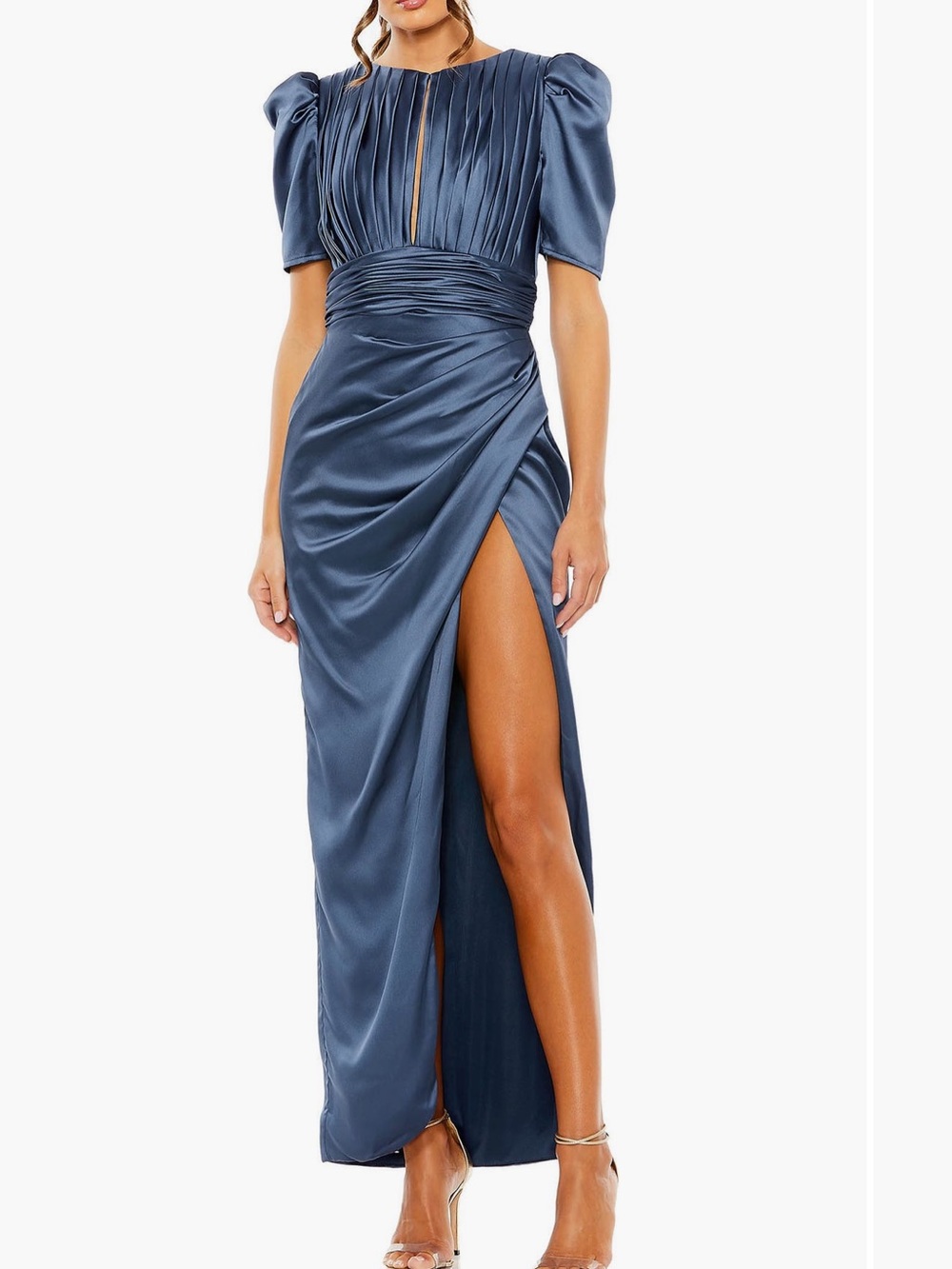 Pleated Satin Maxi dress with High Thigh Slit - Steel Blue